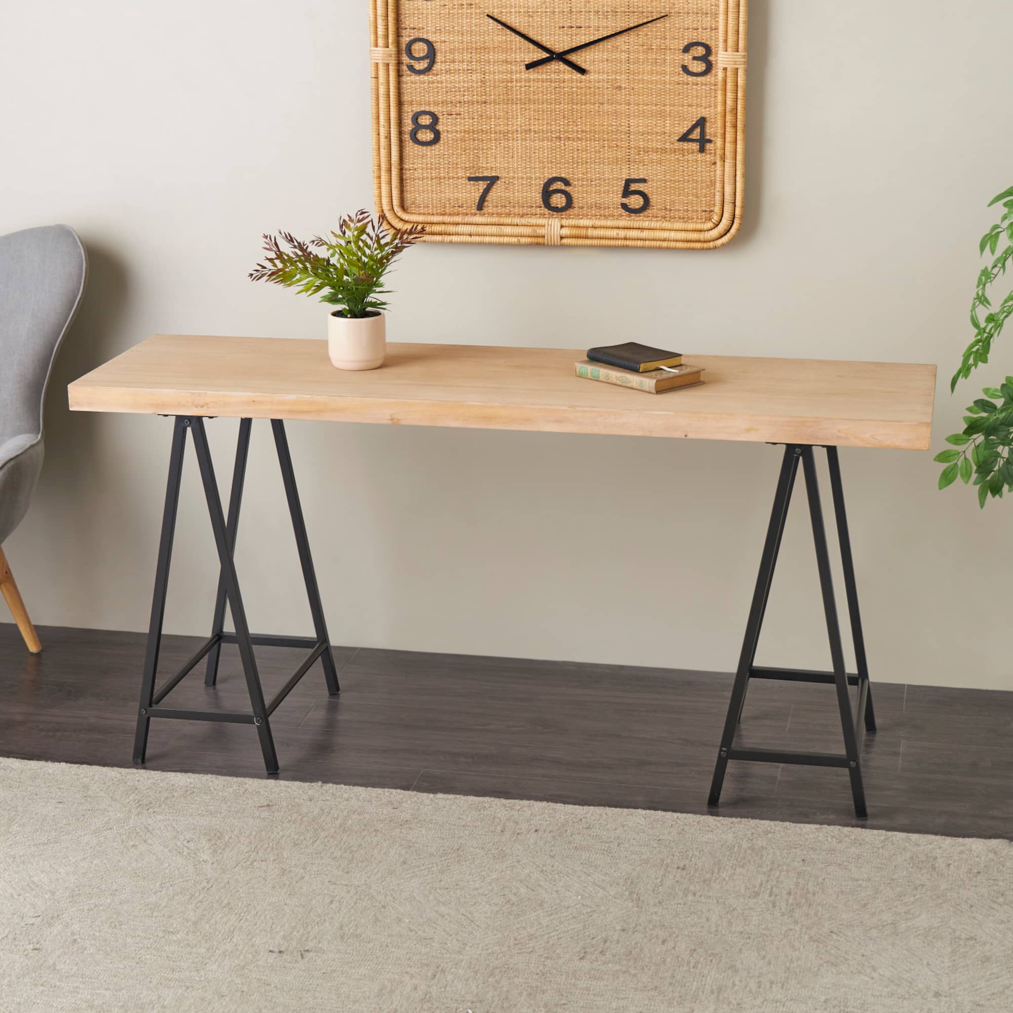 63" Brown Living Room Console Table with Black Metal Supports